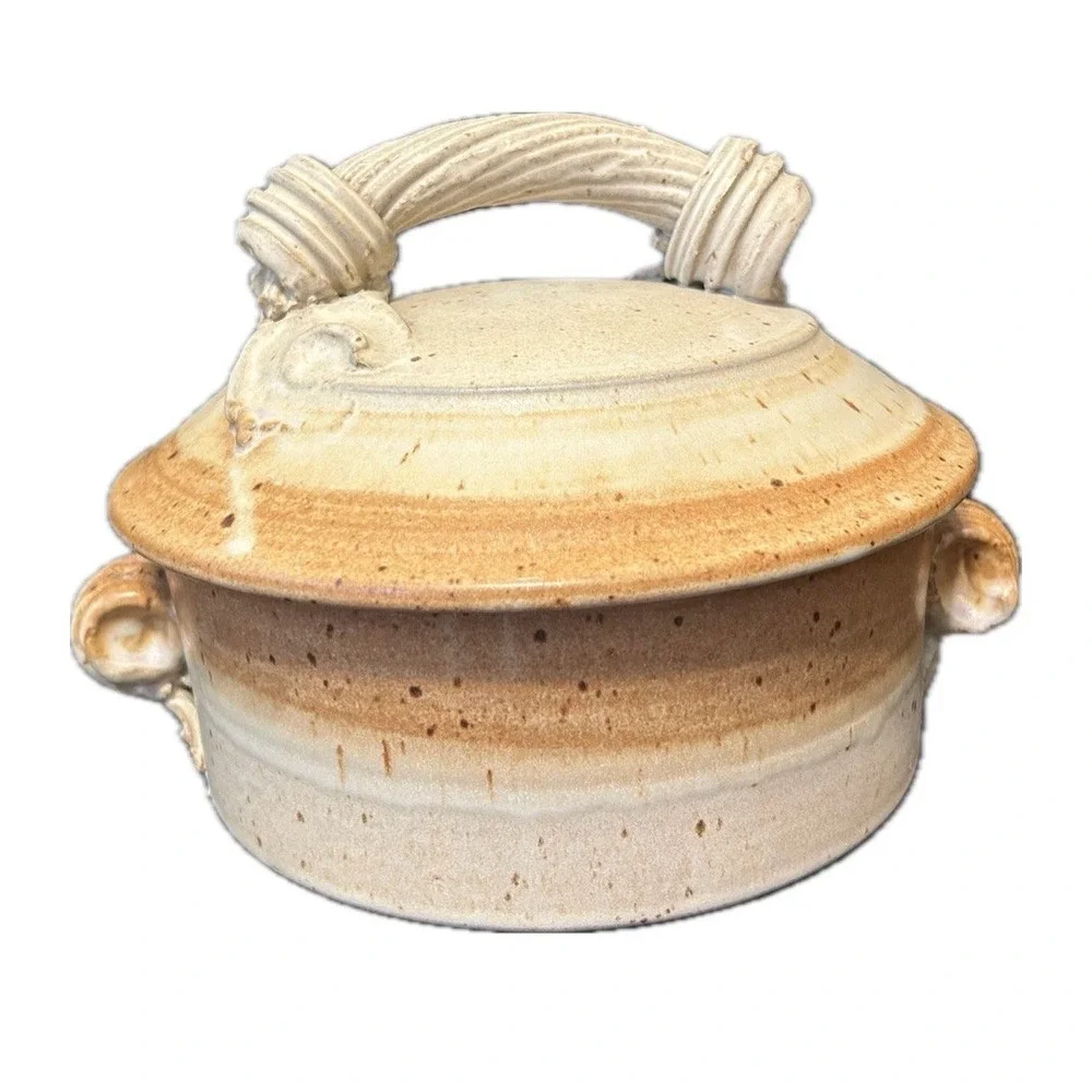 VTG. Handmade Earthenware Lidded/Handle Dish. Glazed, Cream/Brown.